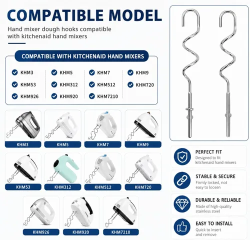 Miniatura 3 de Ganchos de masa KHM512 para batidora de mano, repuesto compatible con KitchenAid serie KHM/5KSM/KSM/KSMO/KSMH, accesorios de acero inoxidable