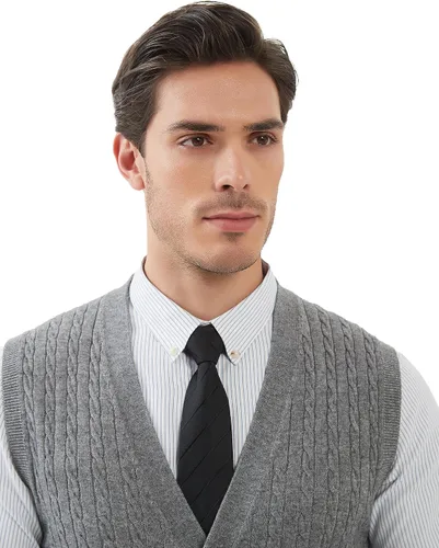 Miniatura 8 de Kallspin Suéter de punto trenzado para hombre, chaleco de mezcla de lana, cuello en V, con botones, sin mangas