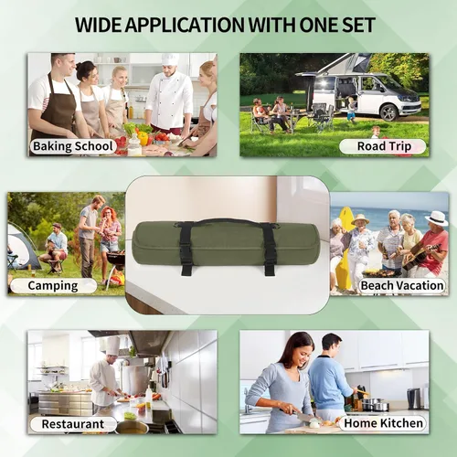 Miniatura 7 de lelezone Bolsa enrollable para cuchillos de chef, resistente al agua, funda de lona encerada para cuchillos, bolsas enrollables para chefs