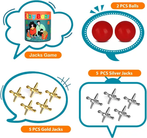 Miniatura 6 de Juego de Jacks con Pelota, Juego Retro Vintage de Jax para Niños y Adultos, Juegos de Mesa Clásicos con 10 Jacks de Metal y 2 Pelotas de Goma Rojas