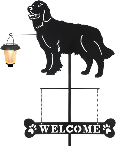 BAYN Estacas de jardín solares decorativas doradas con silueta de perro retriever con farol, señal de bienvenida para decoración de jardín al aire