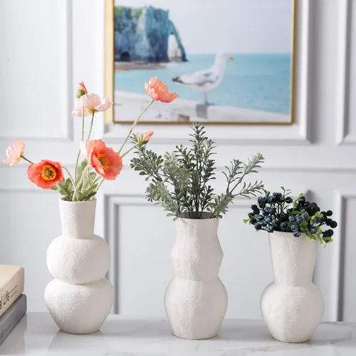 Miniatura 4 de Jarrones de cerámica para flores, juego de 3 jarrones acanalados blanco mate, jarrones decorativos para hierba de las pampas, decoración moderna