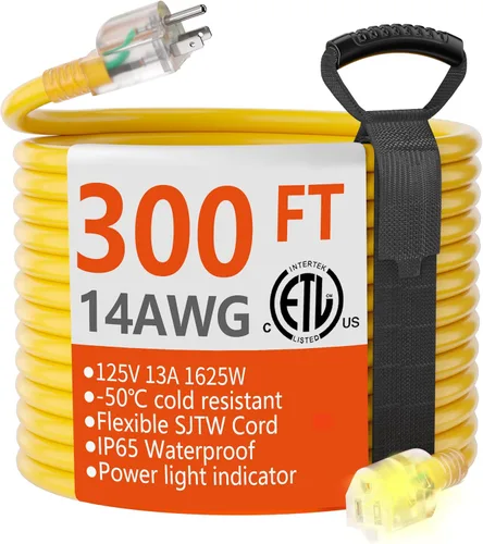 Miniatura 7 de HUANCHAIN Cable de extensión para interiores y exteriores, 50 pies, impermeable, calibre 16/3, flexible, resistente, cable de extensión para Amarillo