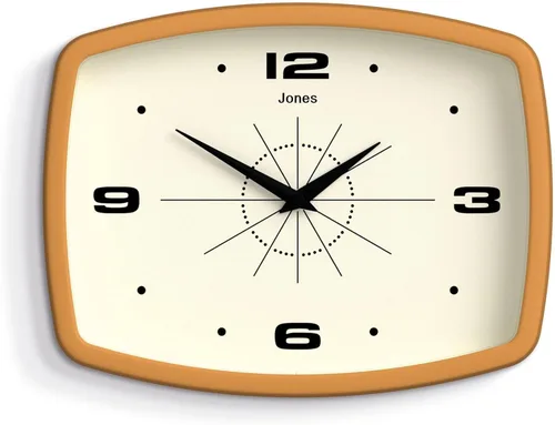 JONES CLOCKS® Reloj de pared de película | Reloj retro rectangular | 10 pulgadas | Amarillo mostaza | Aspecto de diseñador fresco de mediados de