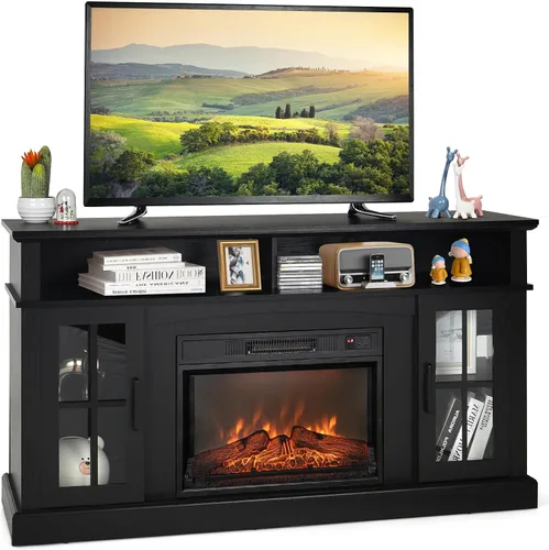 Tangkula Soporte de TV con chimenea para televisores de hasta 65 pulgadas, consola de TV con chimenea eléctrica con control remoto, protección Negro