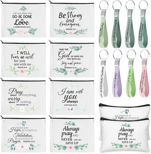 Panelee 48 bolsas de cosméticos cristianos a granel para mujeres, bolsas de maquillaje con versículos de la Biblia, llaveros inspiradores, regalos