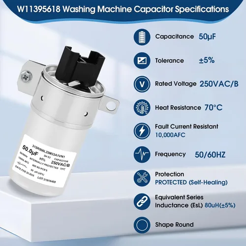 Miniatura 4 de W11395618 Condensador de funcionamiento del motor 50uF 250VAC 50/60Hz 10000AFC - Condensador de repuesto para lavadora para 4931353, PS12731163