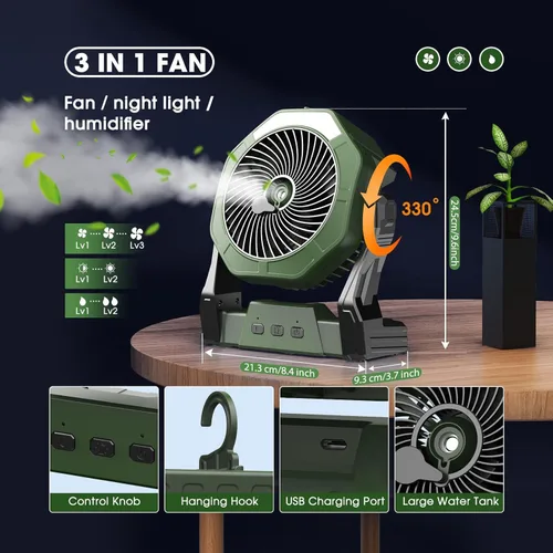 Miniatura 6 de Ausic Ventilador solar de 10 W con nebulizador, ventilador de campamento con panel solar, ventiladores portátiles para exteriores, ventiladores