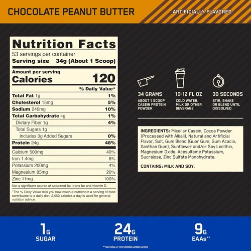 Miniatura 3 de Optimum Nutrition Caseína en polvo, mantequilla de maní y chocolate, 4 libras