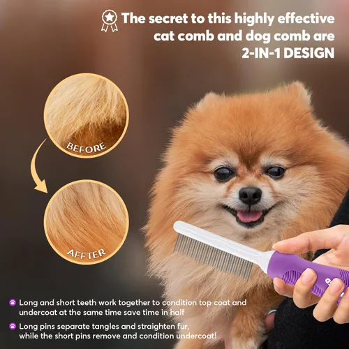 Miniatura 4 de Peine desenredante para mascotas para perros y gatos con dientes metálicos largos y cortos de acero inoxidable para eliminar enredos y nudos.