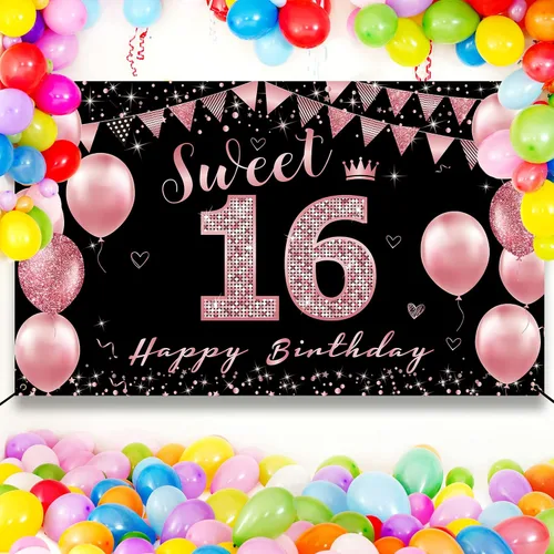 Miniatura 6 de Vicycaty Decoraciones de cumpleaños de 16 años – Cartel de fondo, decoración de fiesta de feliz 16 para niñas, cartel de 16 yardas de oro rosa