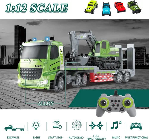 Miniatura 2 de Fistone Juego de juguete de camión y excavadora de semirremolque a control remoto, escala 1:12 con sonido y luces, 11CH 2.4Ghz control remoto camión