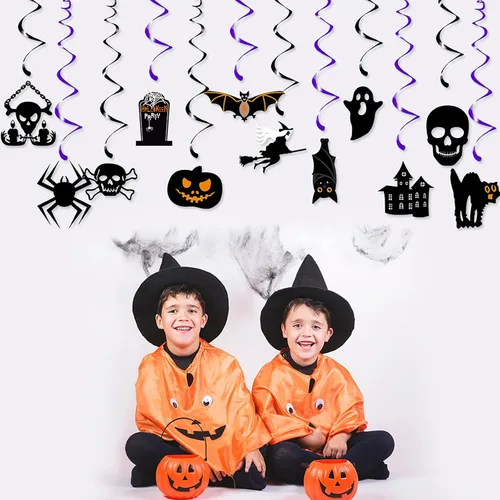Miniatura 5 de Decoración para fiesta de Halloween, murciélagos, brujas, serpentinas, 12 piezas espeluznantes de fantasmas, calaveras, esqueletos, calabaza, gatos