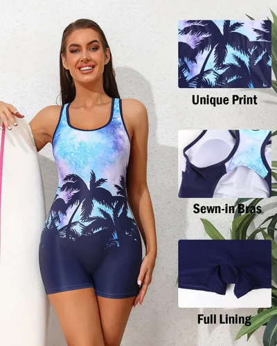 Miniatura 25 de beautyin - Traje de baño para mujer, traje de baño aeróbico y de competición de una pieza, estilo pantalón corto