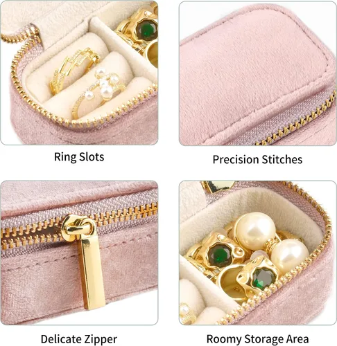 Miniatura 5 de TAIMY Mini estuche de viaje de joyería, caja de joyería de viaje pequeña de terciopelo, caja organizadora de viaje portátil para anillos, aretes