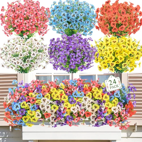 Miniatura 10 de MACTING 12 paquetes de flores artificiales para exteriores, resistentes a los rayos UV, pensamientos falsos, plantas al aire libre, flores