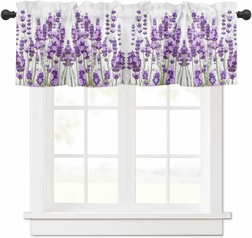 Miniatura 16 de Cortina de cenefas de lavanda púrpura pastoral para cocina, cafetería, cenefa floral de primavera de 42 x 12 pulgadas, bolsillo para barra, cortinas