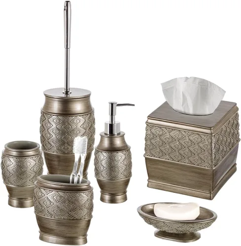 Creative Scents Dublin Silver - Juego completo de accesorios de baño, juego de baño de 6 piezas de plata cepillada: escobilla de inodoro y soporte,