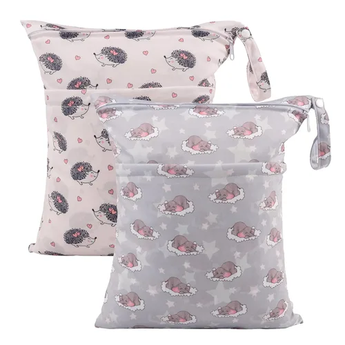Miniatura 36 de ALVABABY 2 bolsas de pañales de tela para ropa húmeda, reutilizables con dos bolsillos con cremallera, para viajes, playa, piscina, guardería