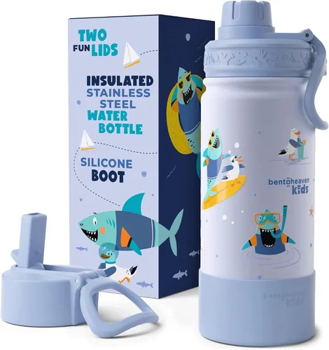 Miniatura 11 de Bentoheaven Botella de agua para niños de acero inoxidable para niños y niñas, 2 tapas (pico y pajita), asa y bota de silicona, vaso aislado