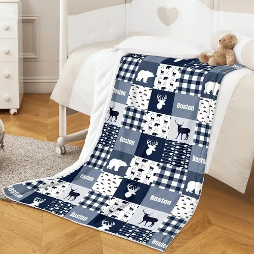Miniatura 2 de Woodland - Manta de forro polar personalizada con nombre, manta personalizada de oso de ciervo para niños y niños, regalos de cumpleaños, manta azul