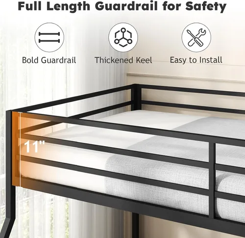 Miniatura 4 de Zevemomo - Litera de cama individual sobre cama matrimonial, literas de metal de bajo perfil con barandilla de seguridad de longitud completa