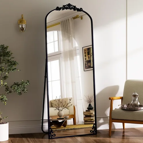 Miniatura 16 de GLSLAND Espejo Vintage - 72" x 44" Espejo de Cuerpo Completo Grande Tallado Arqueado con Marco de Metal Barroco Espejos de Cuerpo Completo para Negro