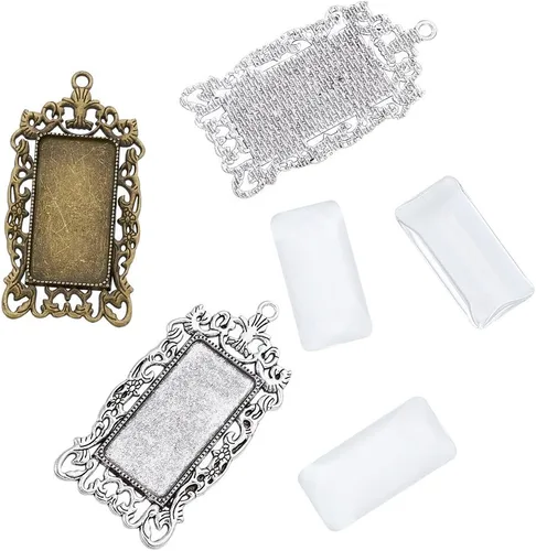 Miniatura 2 de KISSITTY 10 piezas de bandeja colgante rectangular de bronce plateado antiguo en blanco con 10 piezas de azulejos de cúpula de vidrio transparente