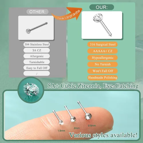 Miniatura 5 de Thunaraz Pernos Recto en Forma de L de Acero Inoxidable para la Nariz, Joyería para el Cuerpo, 20G-22G, 1.5mm, 2mm, 2.5mm