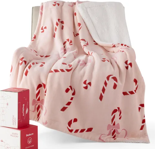 Miniatura 8 de Bedsure Manta de Navidad rosa – Manta sherpa suave y cálida para sofá, cama, regalos de decoración de Navidad rosa de 50 x 60 pulgadas