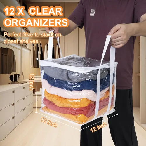 Miniatura 2 de 12 organizadores de plástico transparente de 12 x 12 x 12 pulgadas, bolsas de almacenamiento con cremallera y asas reforzadas para ropa, suministros