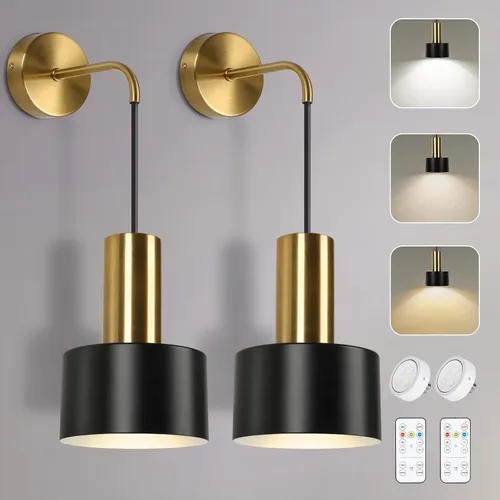 VerRon Juego de 2 apliques de pared a pilas, luces de pared inalámbricas con control remoto, lámparas de pared regulables negras y doradas con Negro