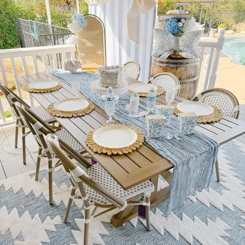 Miniatura 52 de PURPLE LEAF Juego de 1 silla de comedor al aire libre, marco de aluminio francés en acabado de bambú con ratán tejido ámbar y blanco para cocina
