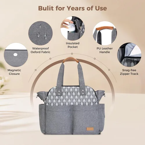 Miniatura 4 de Lekebaby Bolsa de pañales, 17 bolsillos, bolsa de pañales de viaje grande impermeable con cambiador portátil, bolsa de hospital cruzada para mamá