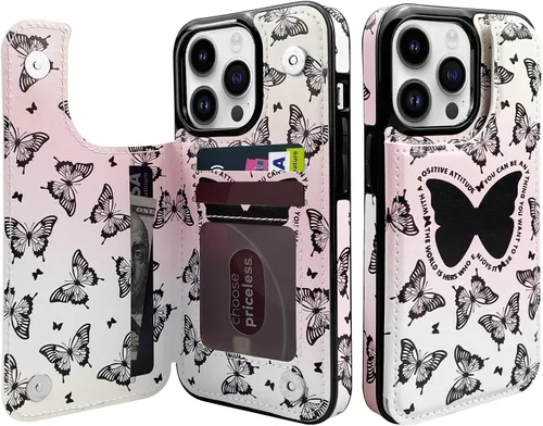 Funda de piel con tapa para tarjetas compatible con iPhone 13 Pro de 6.1 pulgadas, para mujeres y niñas con tarjetero con función atril, doble