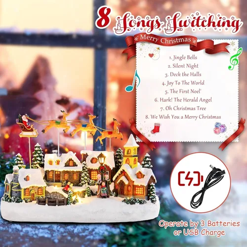 Miniatura 3 de Bdor - Decoración Navideña Iluminada con Música, Diseño de Pueblo Navideño, Figura Coleccionable de Papá Noel y Ciervo, Funciona