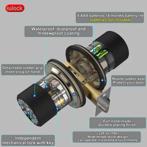 Miniatura 4 de iulock Pomo de puerta inteligente con teclado y llave, cerradura de puerta de entrada sin llave con agarre de goma, bloqueo automático, 50 códigos