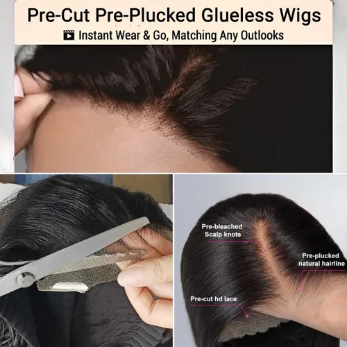 Miniatura 3 de Peluca Bob sin pegamento de llevar y usar cabello humano liso, 6x4 precortada con encaje HD sin pegamento, prearrancada, pelucas con cierre frontal
