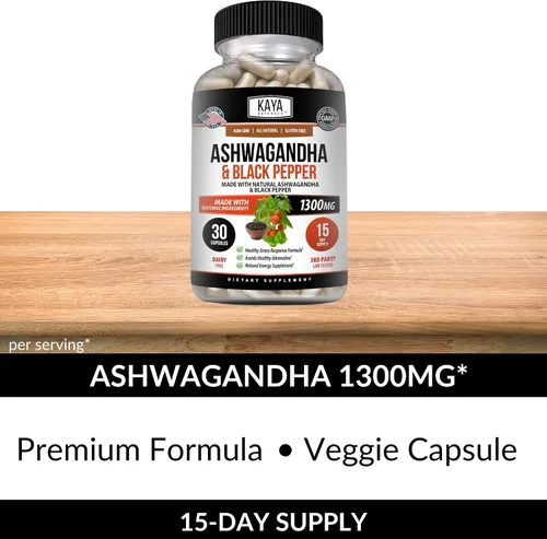 Miniatura 6 de Kaya Naturals Raíz de Ashwagandha con pimienta negra Suplemento adaptógeno de máxima fuerza de 1300 mg, ayuda a la salud suprarrenal, glandular