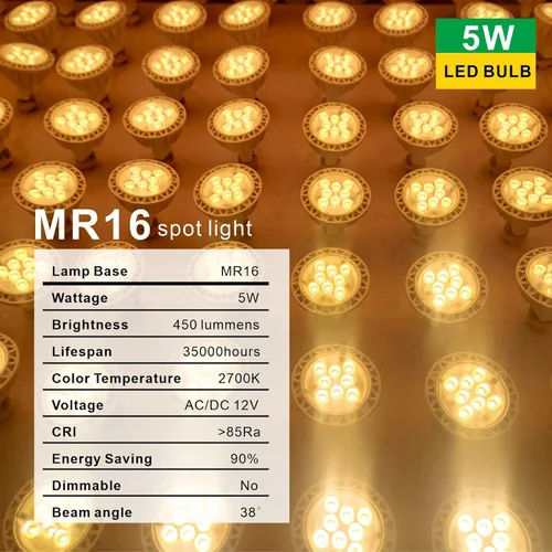 Miniatura 5 de Bombillas LED MR16, paquete de 6, 5 W (equivalente a 50 W de halógeno) 2700 K, blanco cálido, base GU5.3, 12 V, reflector no regulable, 38°, 450 lm
