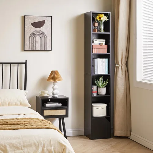 Miniatura 4 de IBUYKE Estantería estrecha de 6 niveles con puertas, gabinete de almacenamiento en cubo, CD y DVD, estante delgado de torre multimedia, gabinete