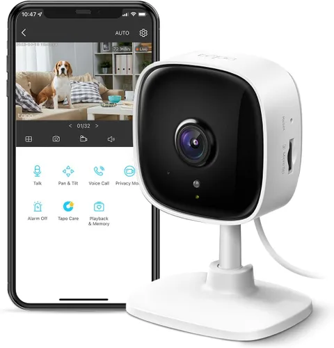 TP-Link Tapo - Cámara de seguridad interior de 1080P para monitor de bebé, cámara para perros con detección de movimiento, sirena de audio Blanco