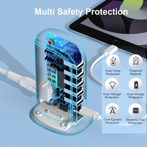 Miniatura 5 de Estación de carga para múltiples dispositivos Upoy, torre de hub USB multi con 5 USB+1 puertos tipo C, bloque de cargador USB C de carga rápida
