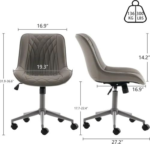 Miniatura 2 de YOUNIKE Silla de oficina ergonómica de piel sintética gris sin brazos, cómoda silla de escritorio con respaldo mecedor, bonita silla giratoria