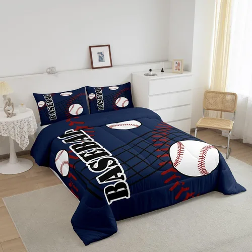 Miniatura 2 de jejeloiu Juego de edredón de béisbol para niños, tamaño individual, juego de ropa de cama de béisbol azul para niños, juego de ropa de cama