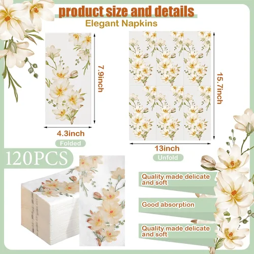 Miniatura 3 de Hotop 120 toallas de mano desechables florales para baño, 2 capas, bohemias, servilletas de papel de primavera para invitados de baño, servilletas