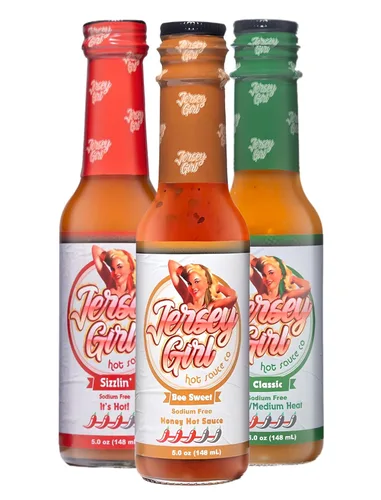 Miniatura 12 de Jersey Girl - Salsa picante de 5 onzas (paquete variado 3, picante, miel, masala india) Set de salsa picante baja en sodio
