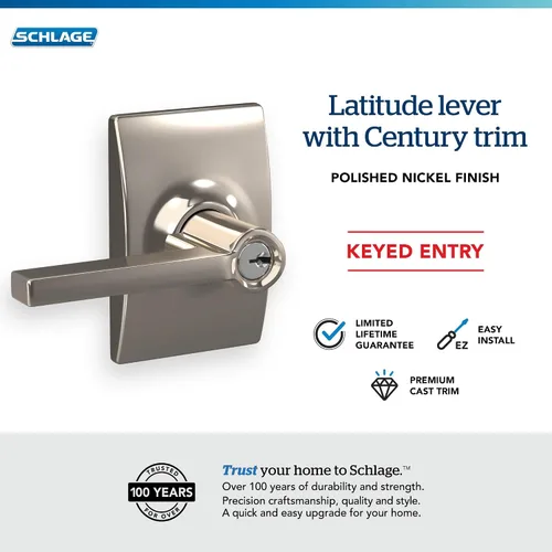 Miniatura 4 de SCHLAGE F51A LAT 618 CEN Latitude - Manija con bloqueo de entrada con llave y moldura Century, en acabado de níquel pulido