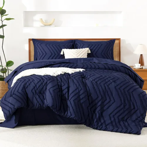 Miniatura 17 de Litanika Juego de ropa de cama con edredón tamaño King con sábanas beige - Juego de 7 piezas en una bolsa, diseño King Chevron copetudo bohemio