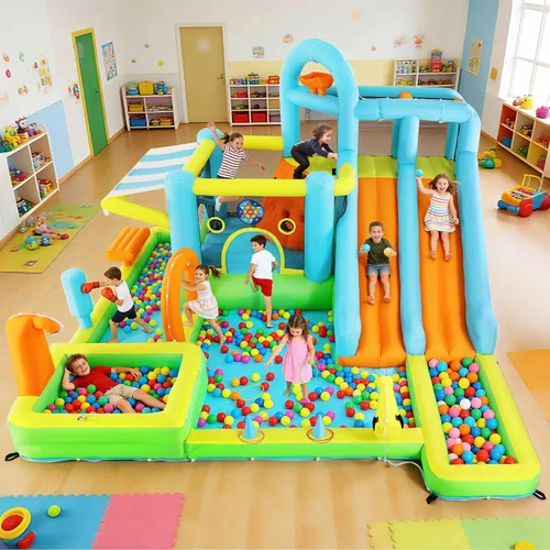 Miniatura 9 de JOYLDIAS Casa inflable de rebote para niños, parque acuático inflable de lujo resistente con toboganes dobles, pared de escalada, piscina y toldo